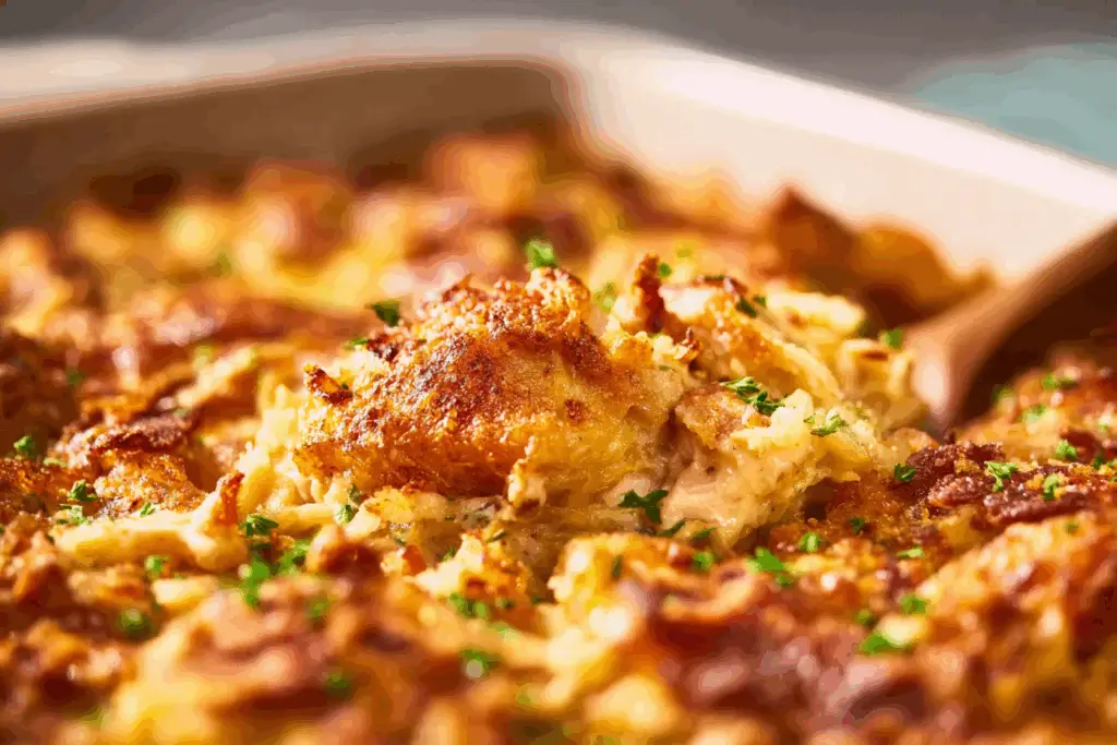 Hot Neiman Marcus chicken casserole with golden topping