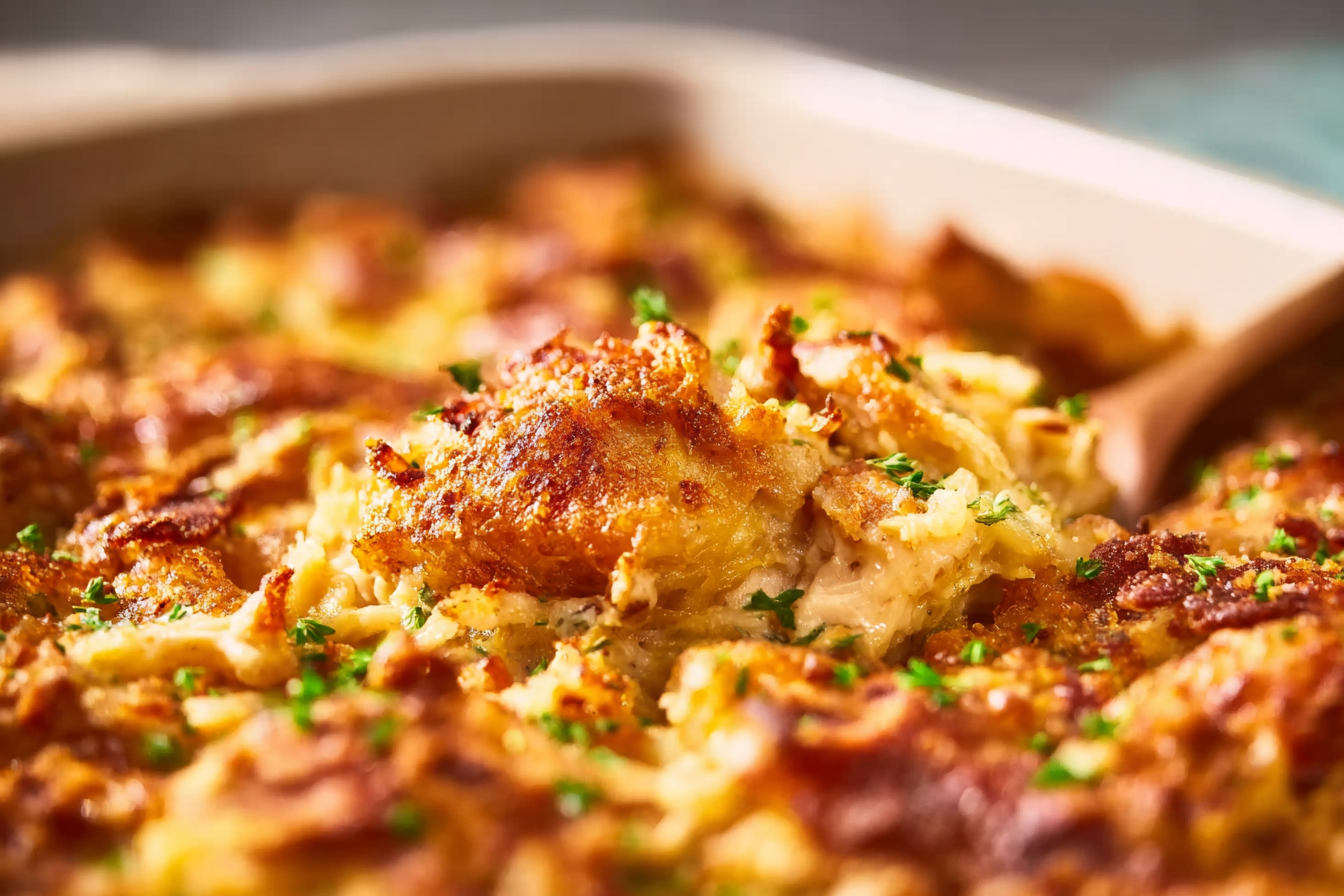 Hot Neiman Marcus chicken casserole with golden topping