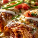 Baked pizza enchiladas with melted mozzarella and toppings