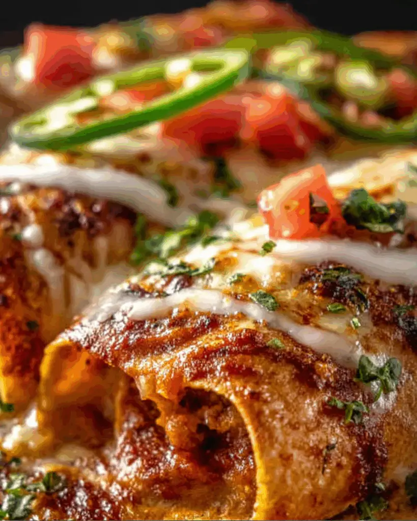Baked pizza enchiladas with melted mozzarella and toppings
