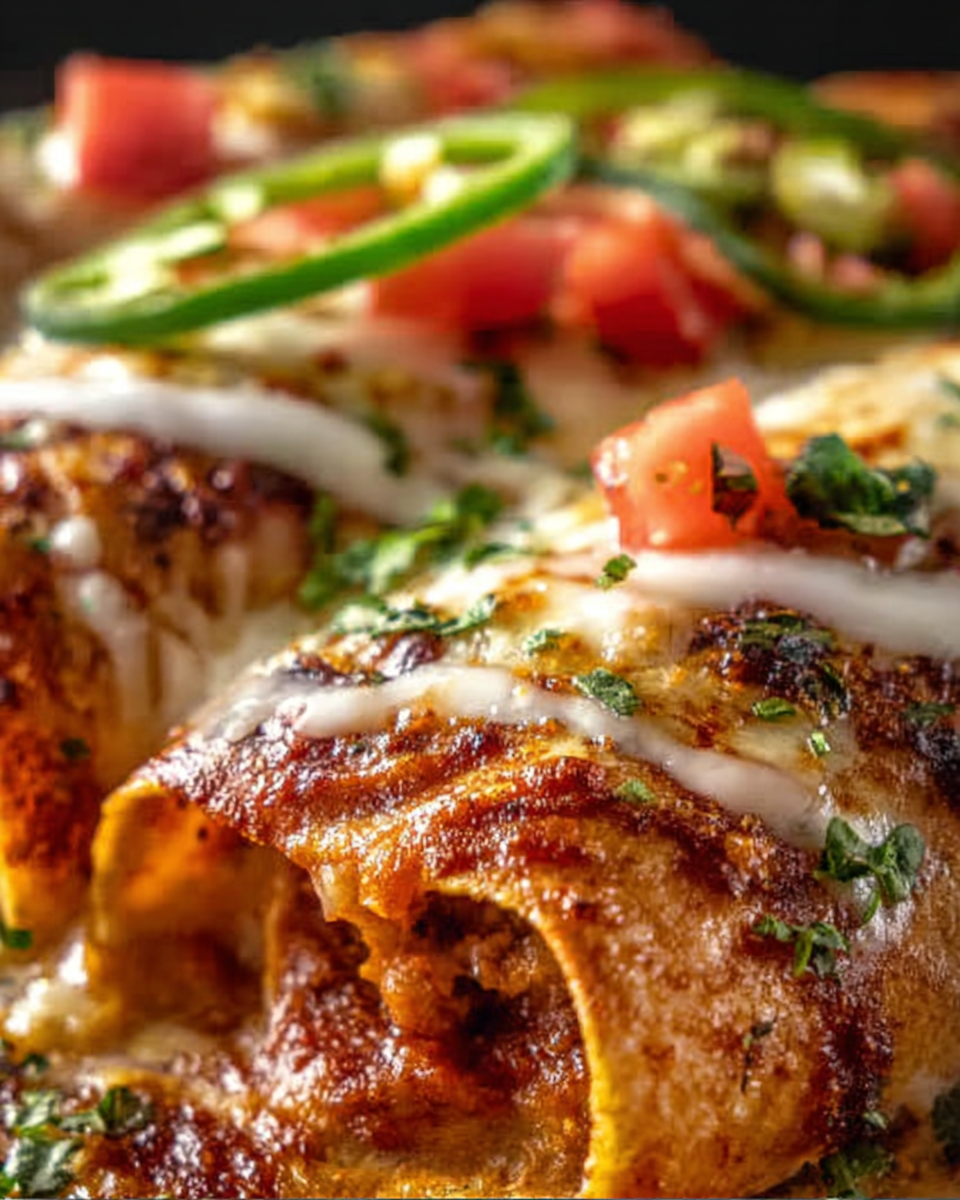 Baked pizza enchiladas with melted mozzarella and toppings