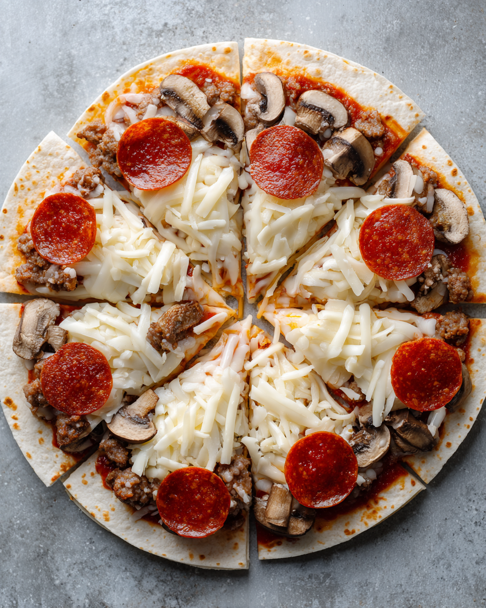 Pizza enchiladas ingredients on wooden board