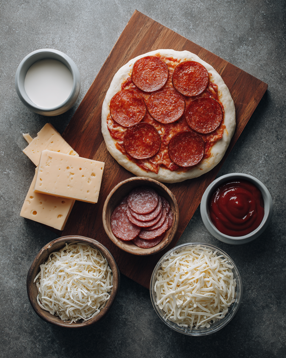Ingredients for stuffed crust pepperoni pizza