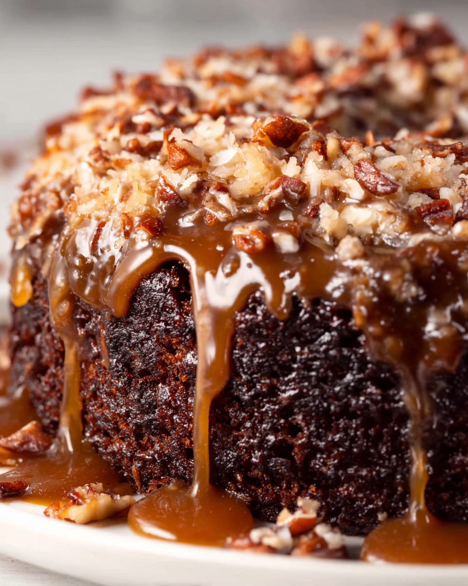 Full German Chocolate Poke Cake in baking dish