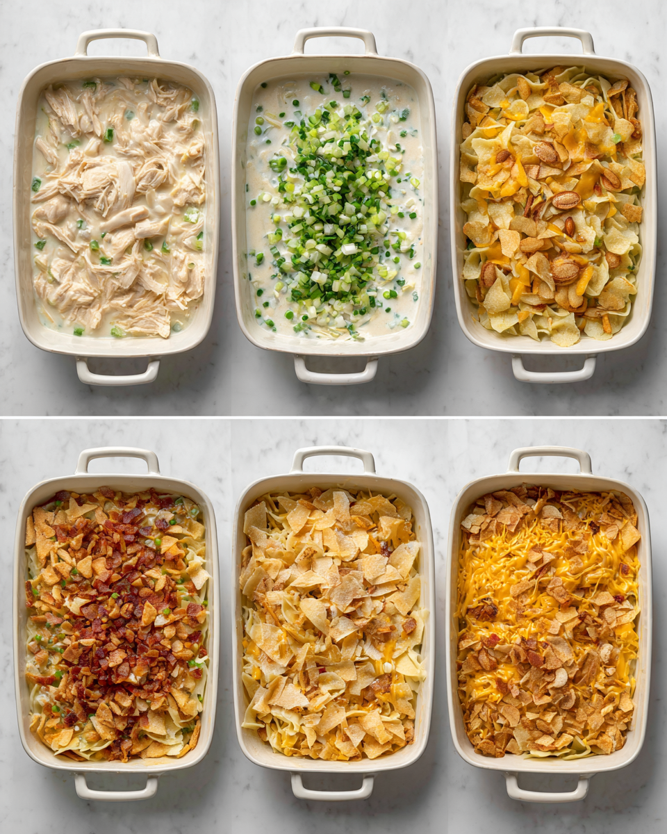 Preparing chicken casserole mixture before baking