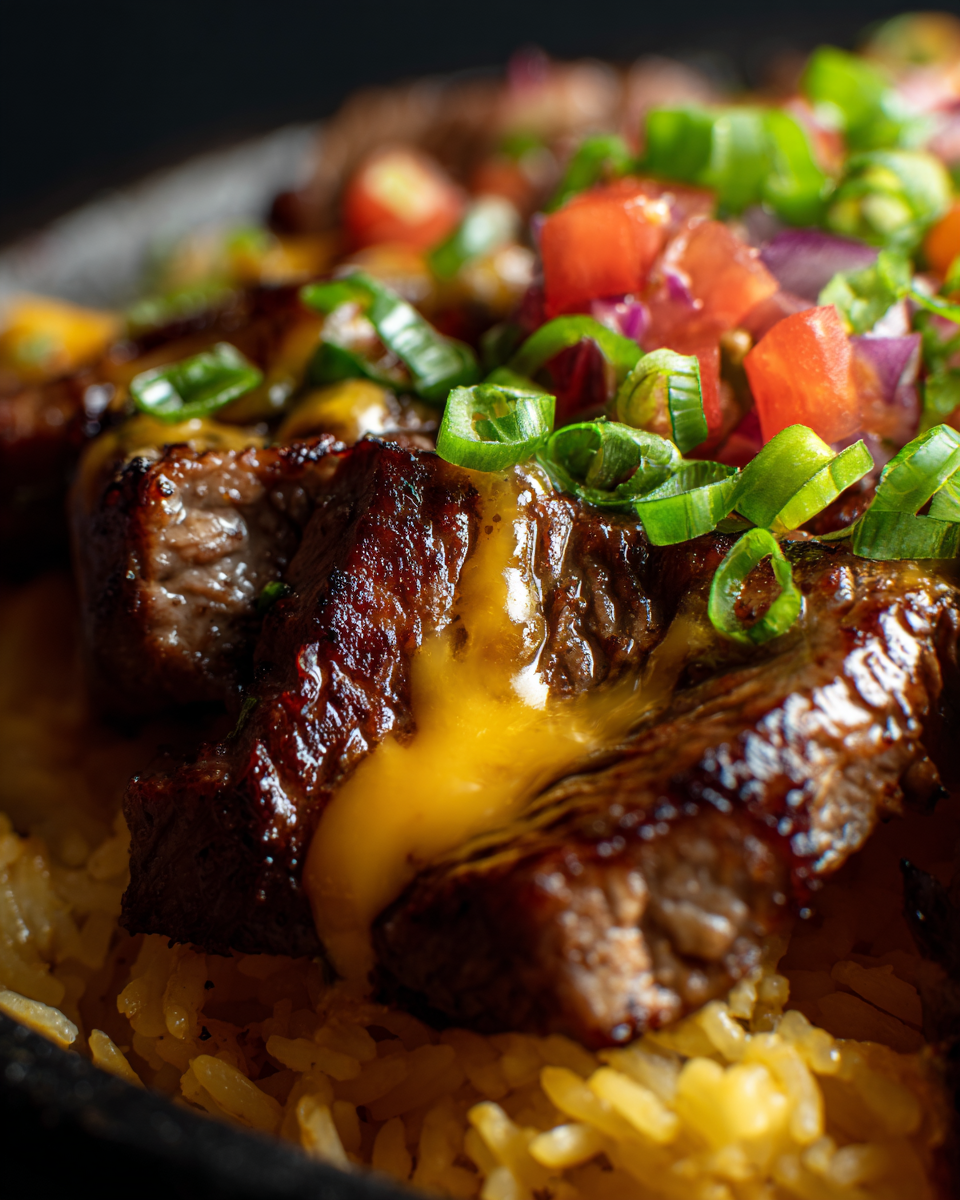 "Sizzling sirloin steak strips in skillet"