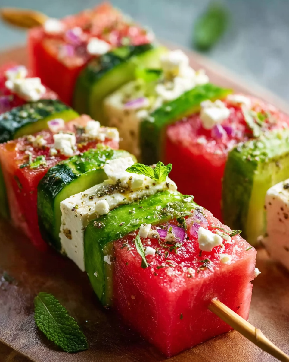 Beautifully plated watermelon cucumber feta skewers ready to serve