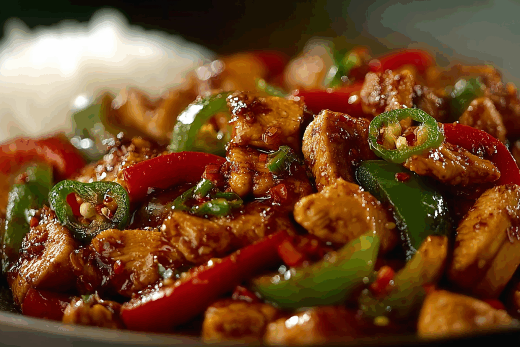 Spicy Jalapeño Chicken Stir-Fry served hot in a wok