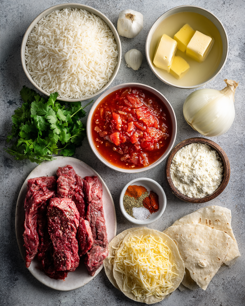 "Ingredients for steak & queso rice laid out on wooden board"