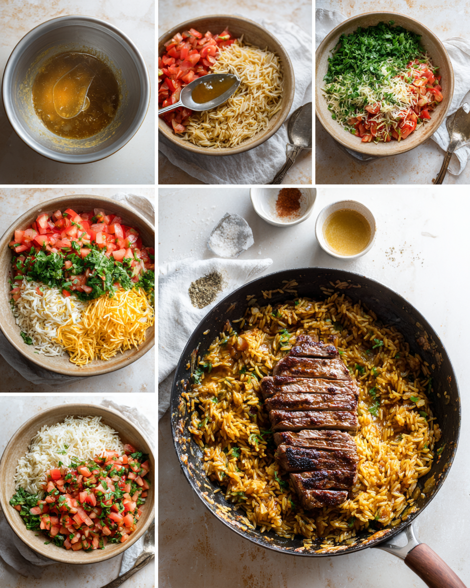 "Toasting rice with garlic and onion in skillet"