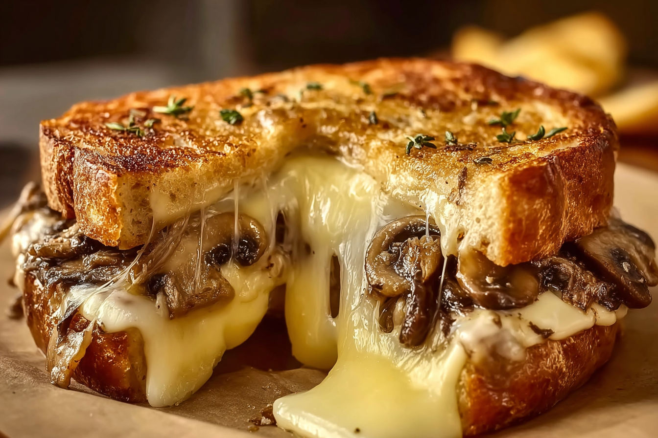 Swiss Mushroom Melt Delight sandwich cut open