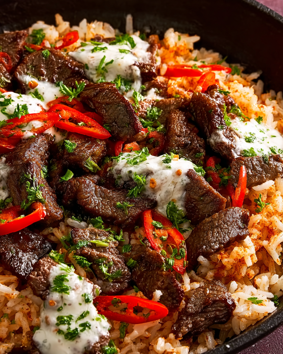 "Drizzling white queso over steak and rice"