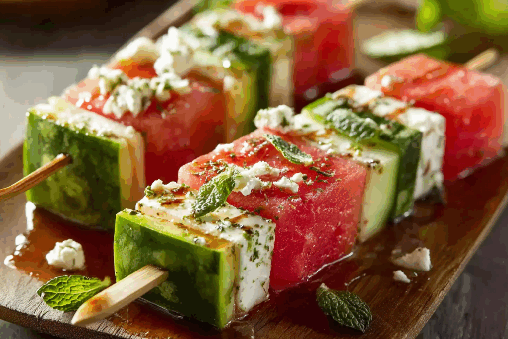 Watermelon cucumber feta skewers arranged beautifully with mint and balsamic glaze
