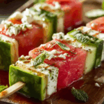 Watermelon cucumber feta skewers arranged beautifully with mint and balsamic glaze