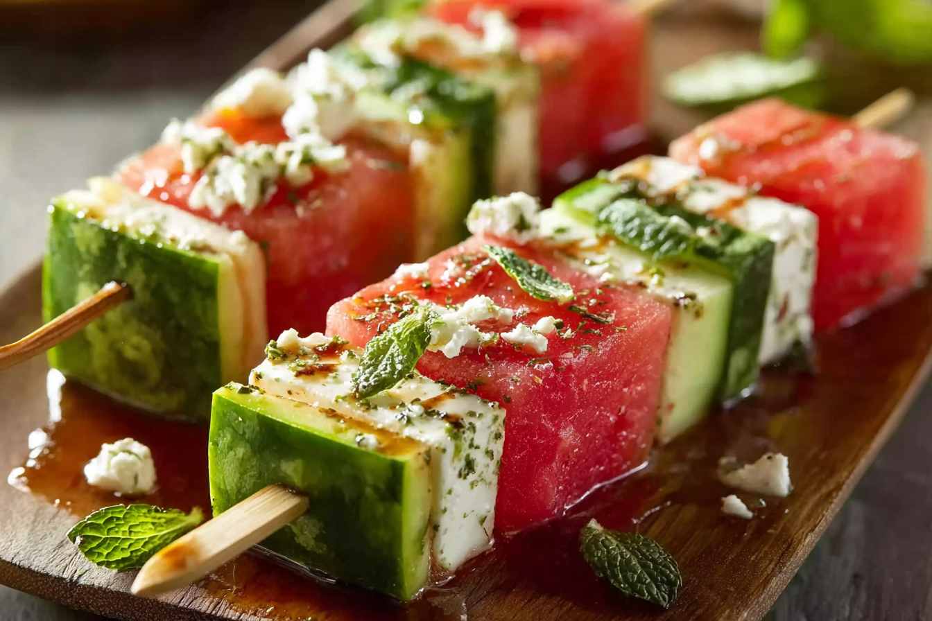 Watermelon cucumber feta skewers arranged beautifully with mint and balsamic glaze