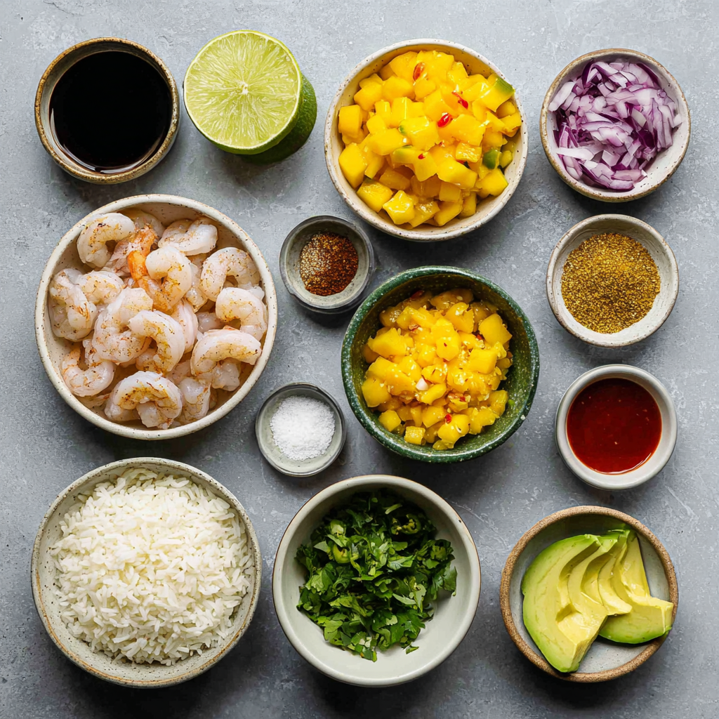 Assembling shrimp and avocado bowls with mango salsa & lime-chili sauce