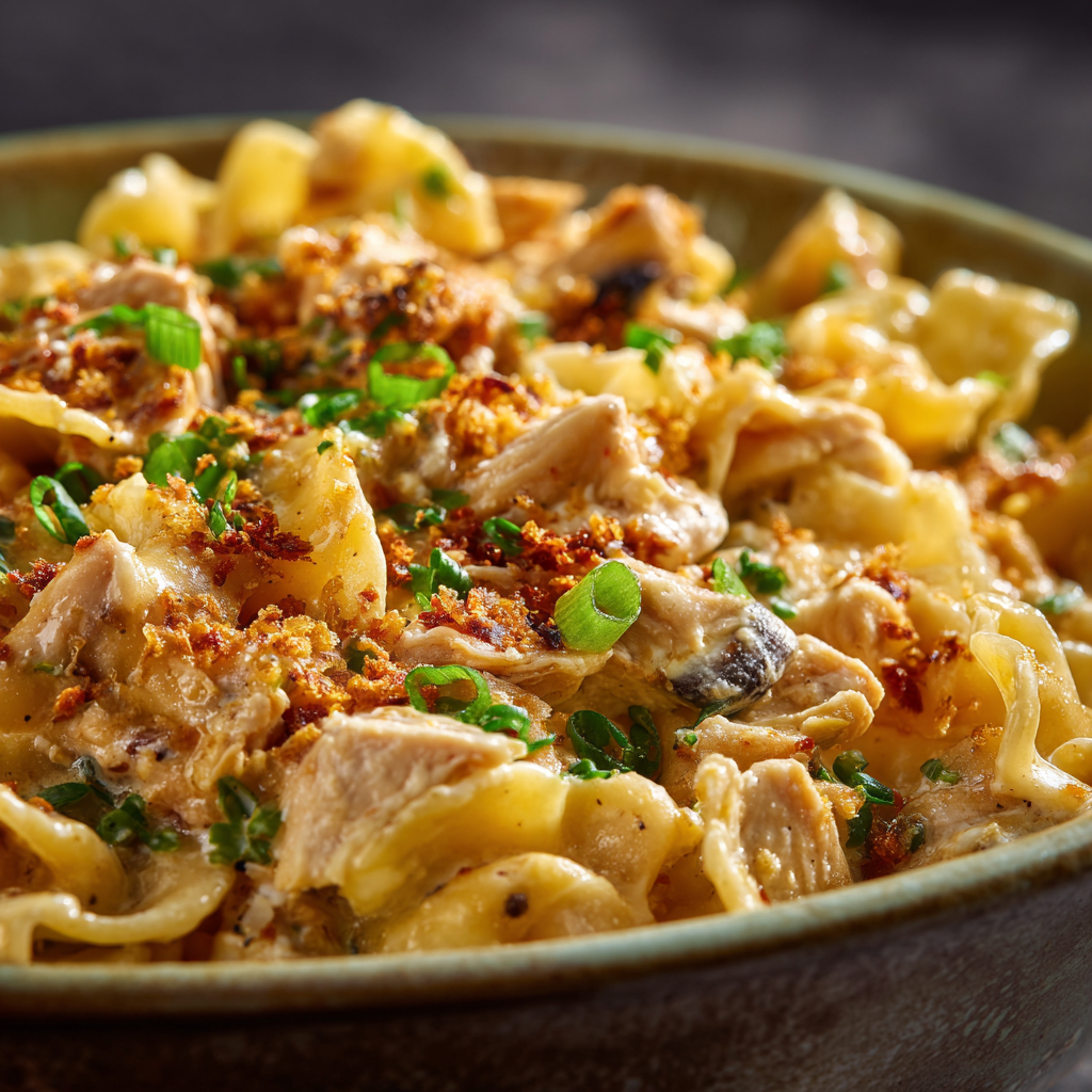 Mixing Dolly’s Creamy Chicken Noodle Casserole before baking