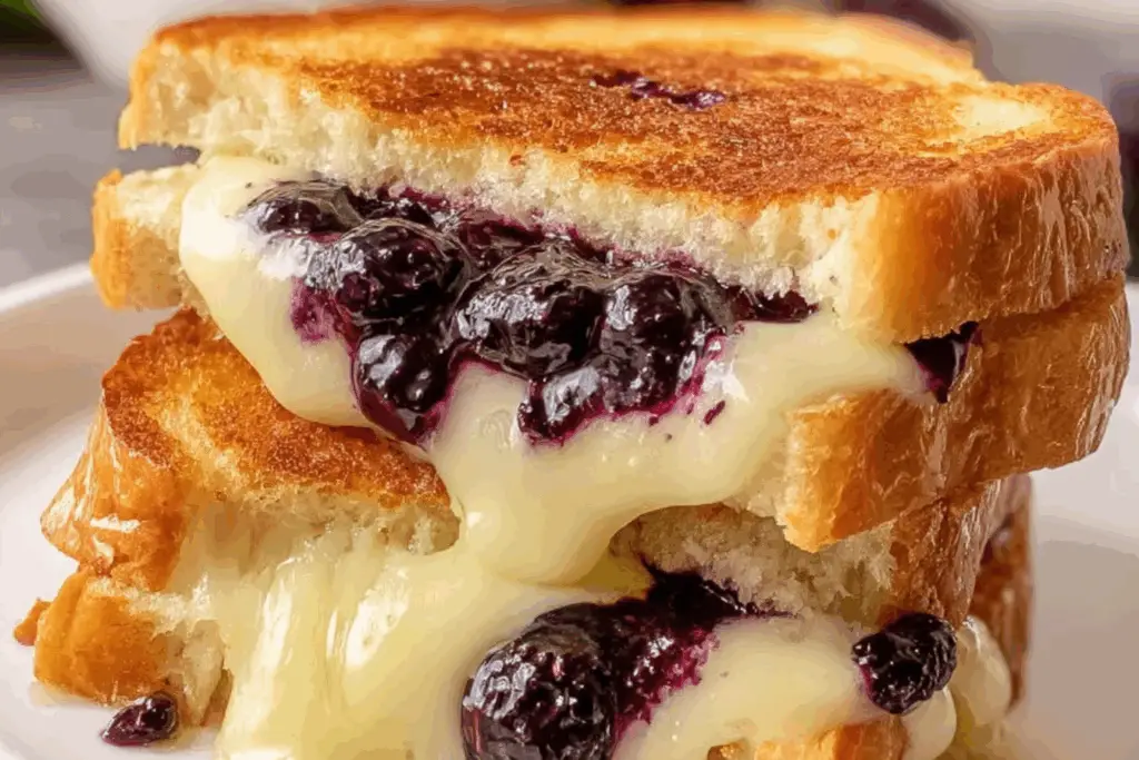 Gooey blueberry brie grilled cheese sandwich with melted brie and blueberry preserves between golden, buttery toasted bread