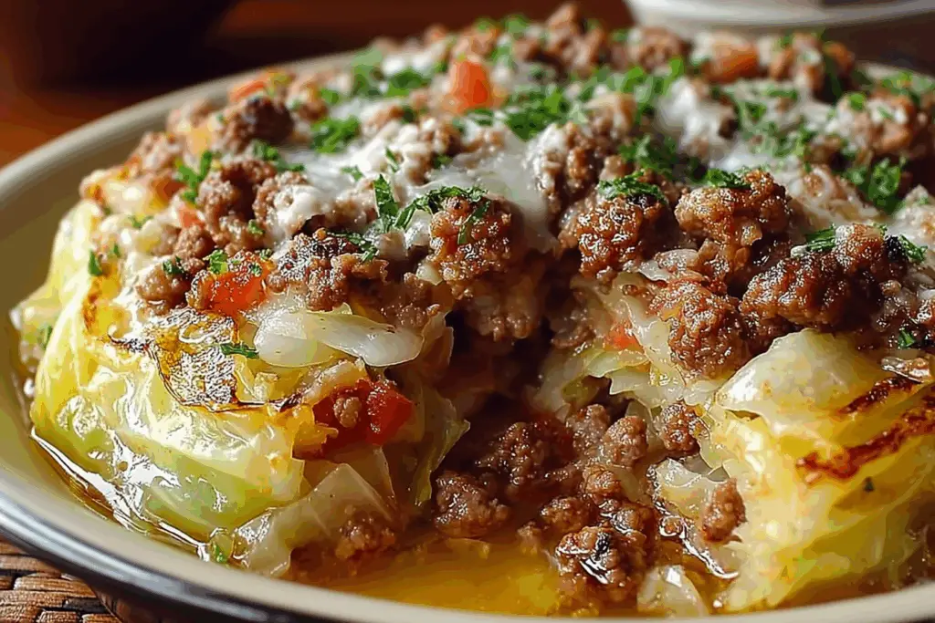 Cabbage and ground beef skillet with carrots, onions, and herbs cooked in a rich tomato sauce