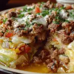 Cabbage and ground beef skillet with carrots, onions, and herbs cooked in a rich tomato sauce