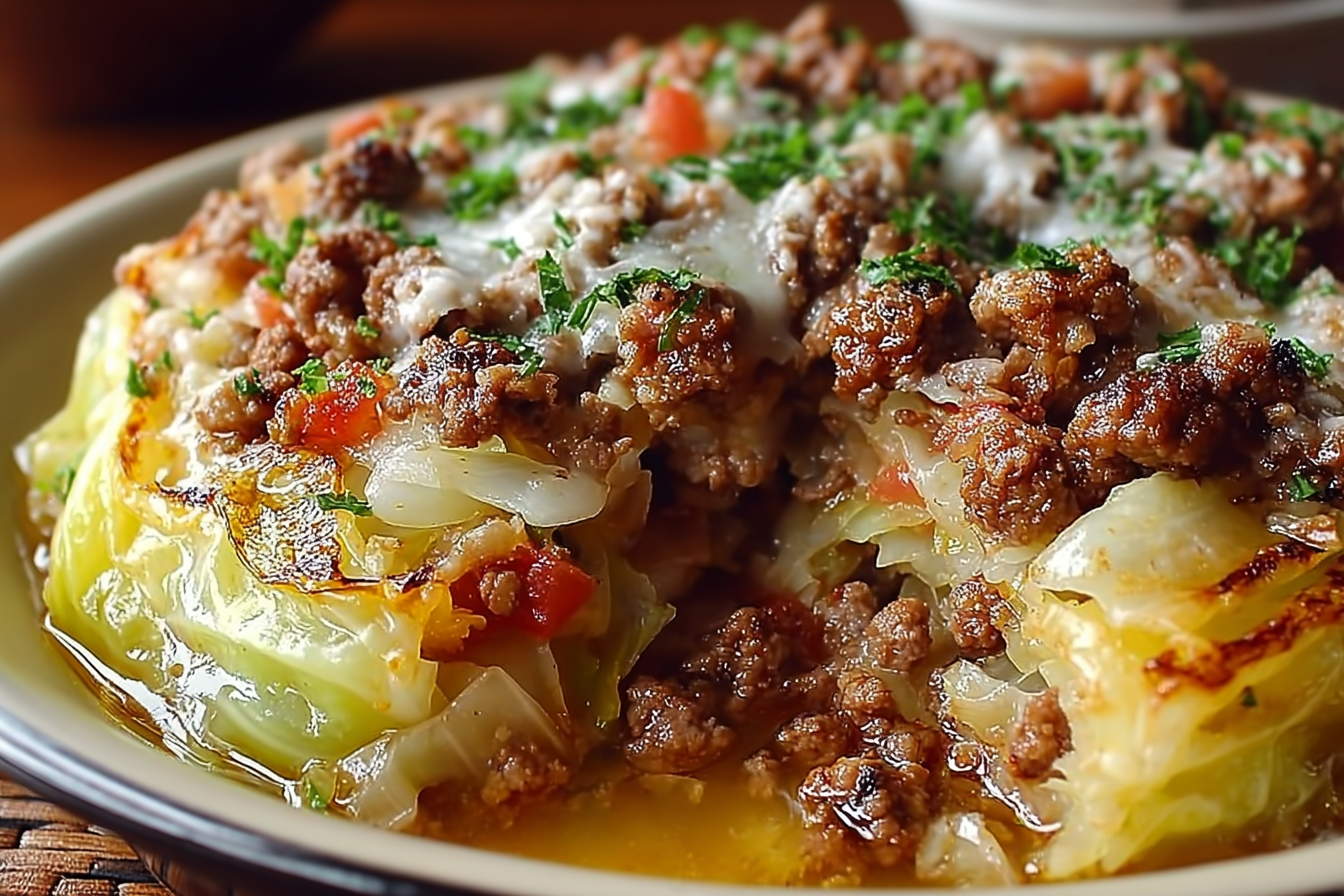 Cabbage and ground beef skillet with carrots, onions, and herbs cooked in a rich tomato sauce