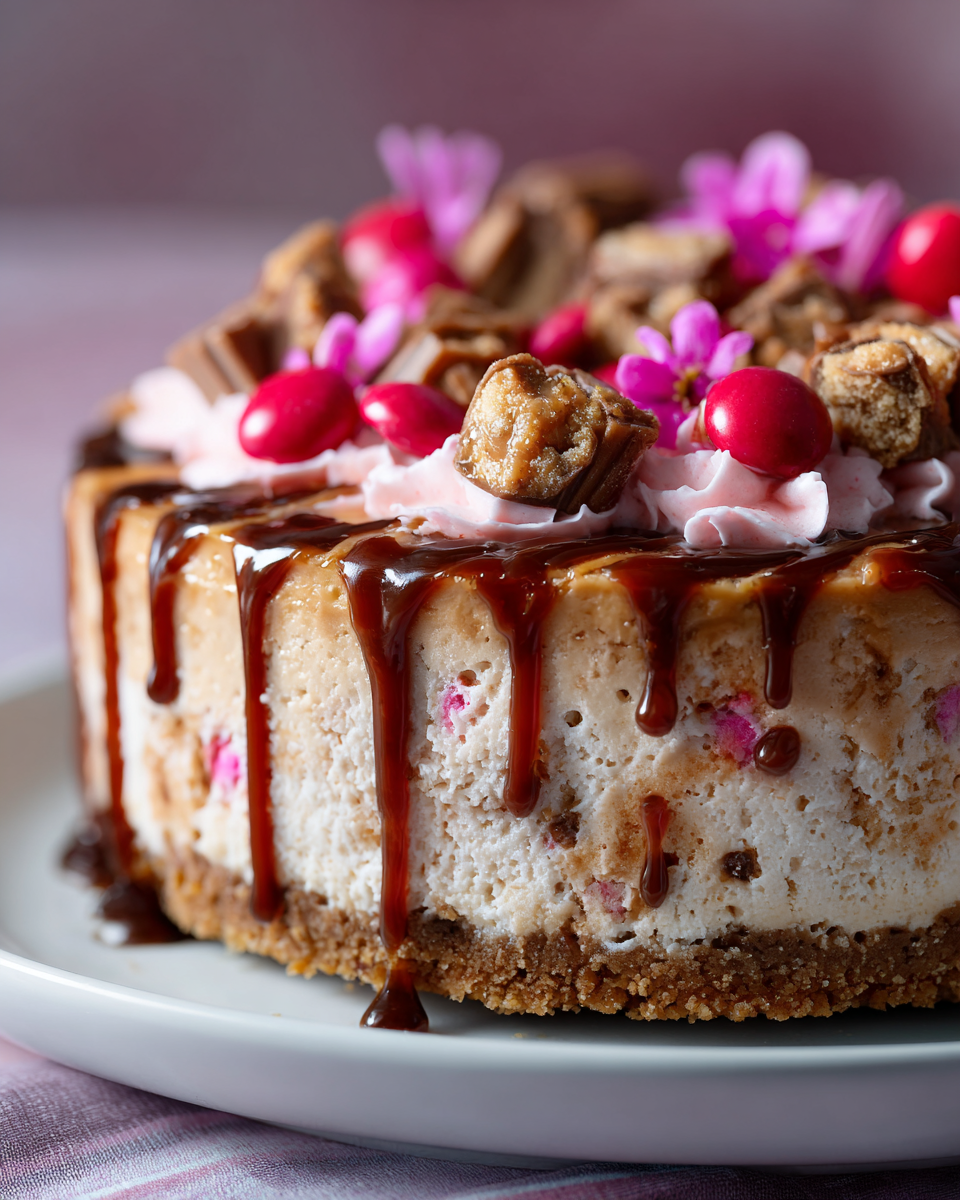 Variations of pink candy cheesecakes with different toppings