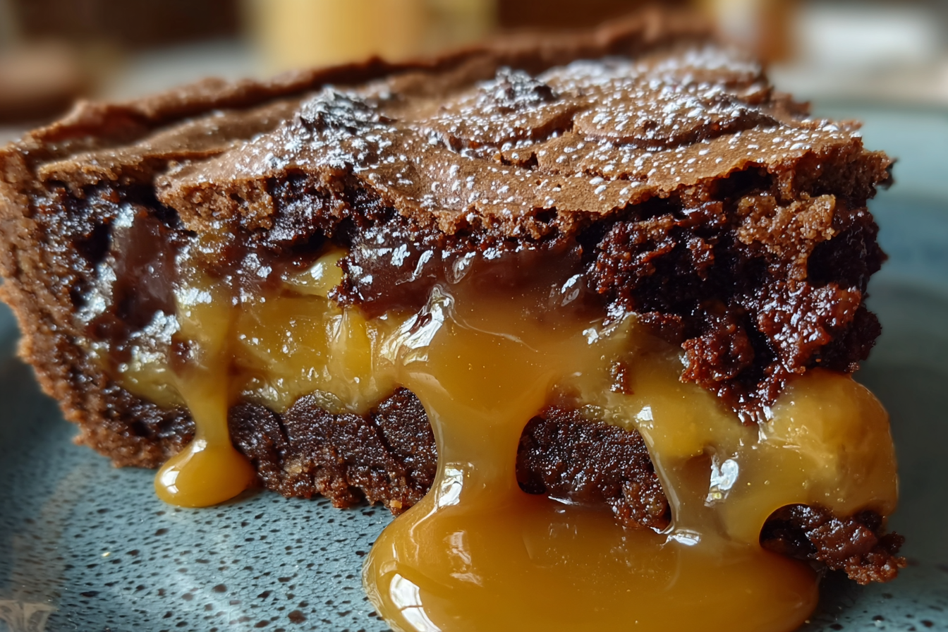 Decadent caramel brownie pie with a fudgy chocolate center, gooey caramel layer, and flaky pie crust, sliced and served
