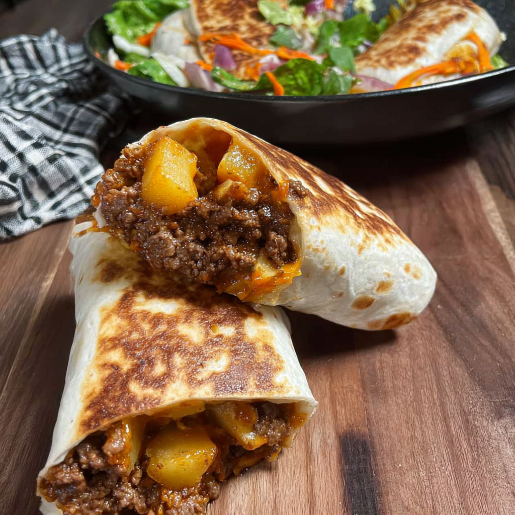 Cheesy potato burrito with beef and custom toppings