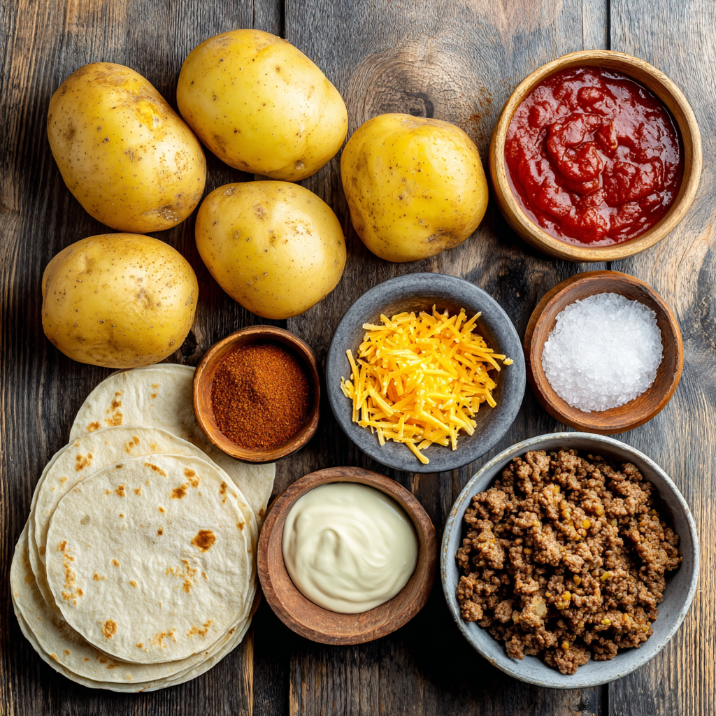 Ingredients for cheesy potato burrito with ground beef