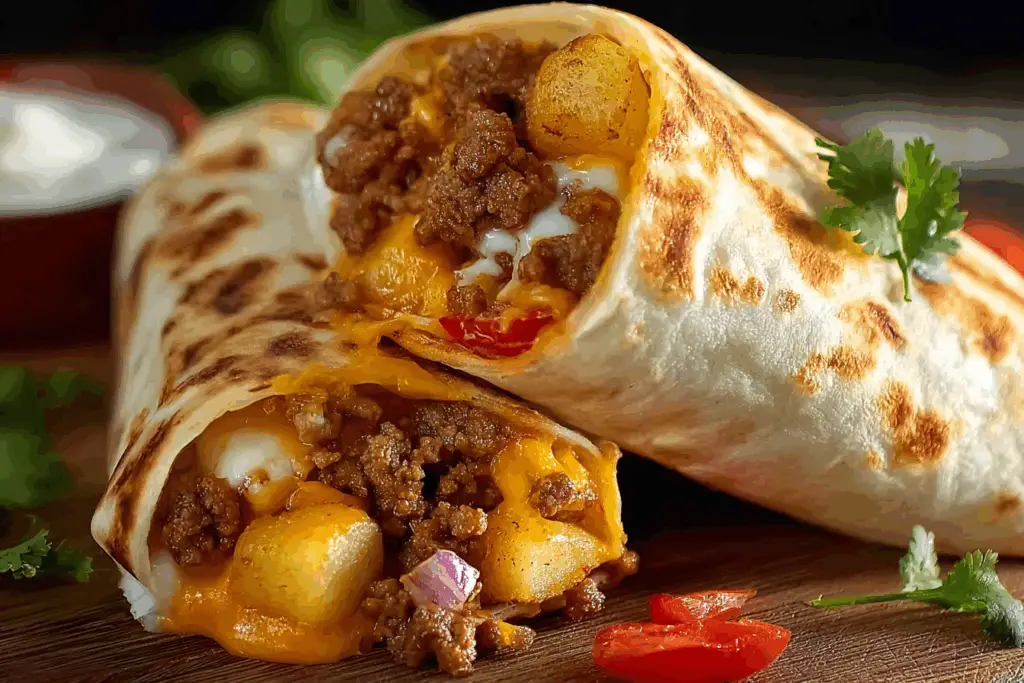 Cheesy Potato Burrito with Ground Beef Easy Cut in Half