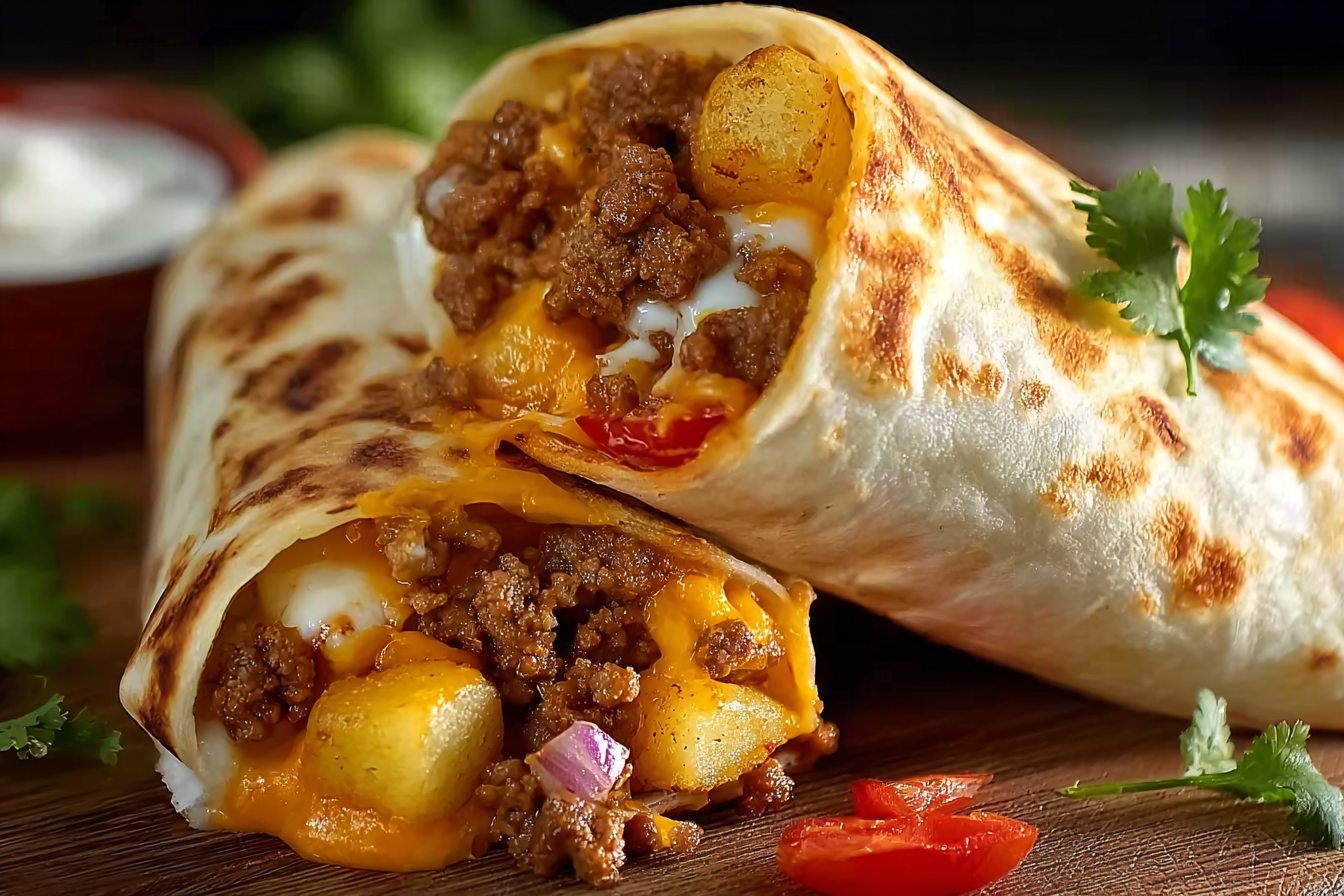 Cheesy Potato Burrito with Ground Beef Easy Cut in Half