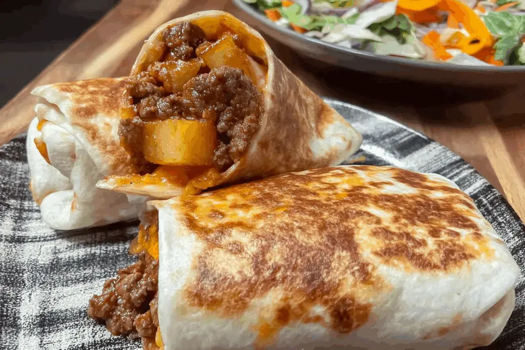 Cheesy Potato Burrito with Ground Beef Easy Cut in Half