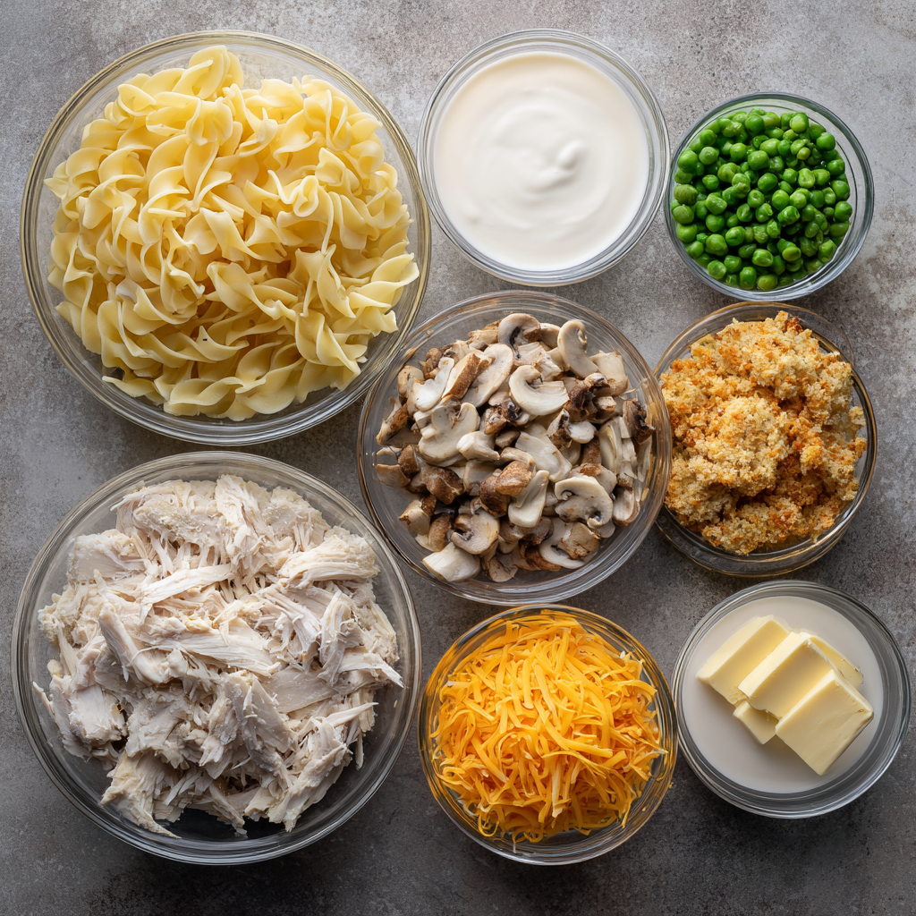 Ingredients for Dolly’s Creamy Chicken Noodle Casserole
