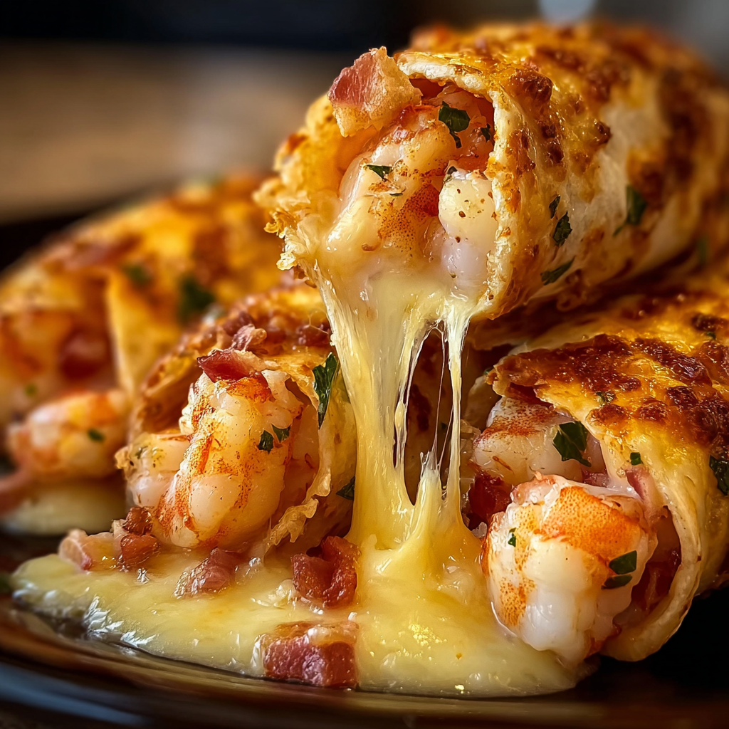 Cooking loaded shrimp nacho bomb wraps with shrimp and cheese in skillet