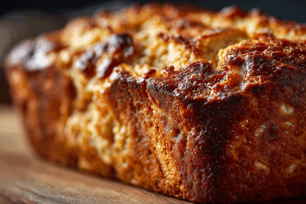 Moist cottage cheese banana bread sliced on cutting board