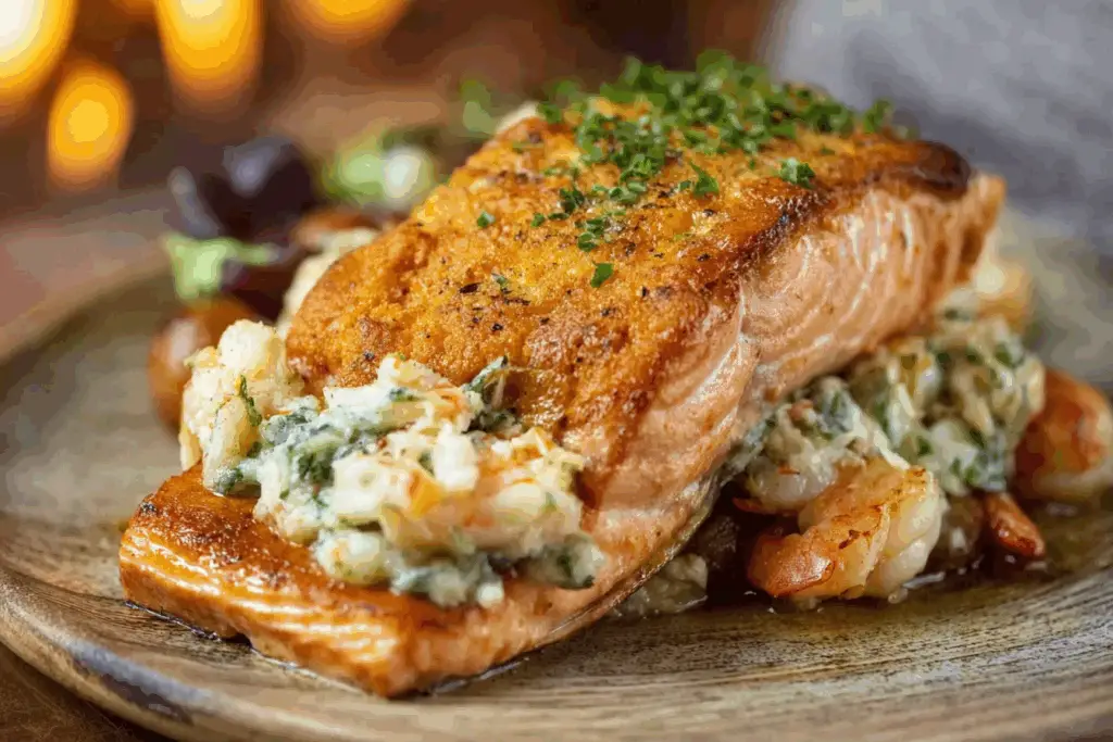 Crab and Shrimp Stuffed Salmon with creamy crab and shrimp stuffing