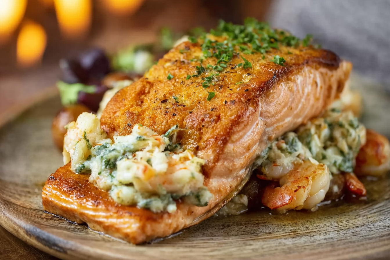Crab and Shrimp Stuffed Salmon with creamy crab and shrimp stuffing