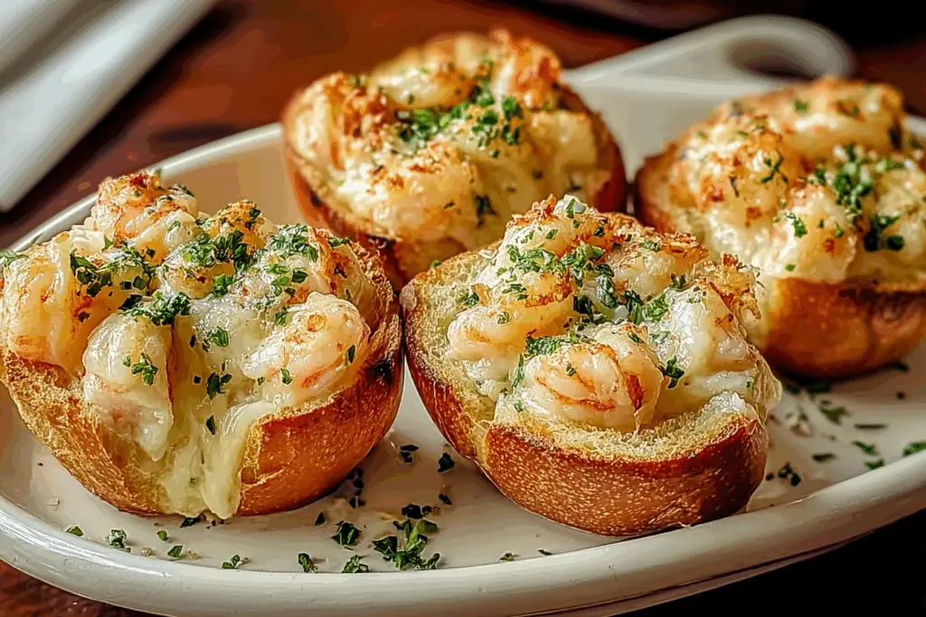 crabby shrimp-stuffed garlic bread bombs sliced open with melted cheese