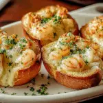 crabby shrimp-stuffed garlic bread bombs sliced open with melted cheese