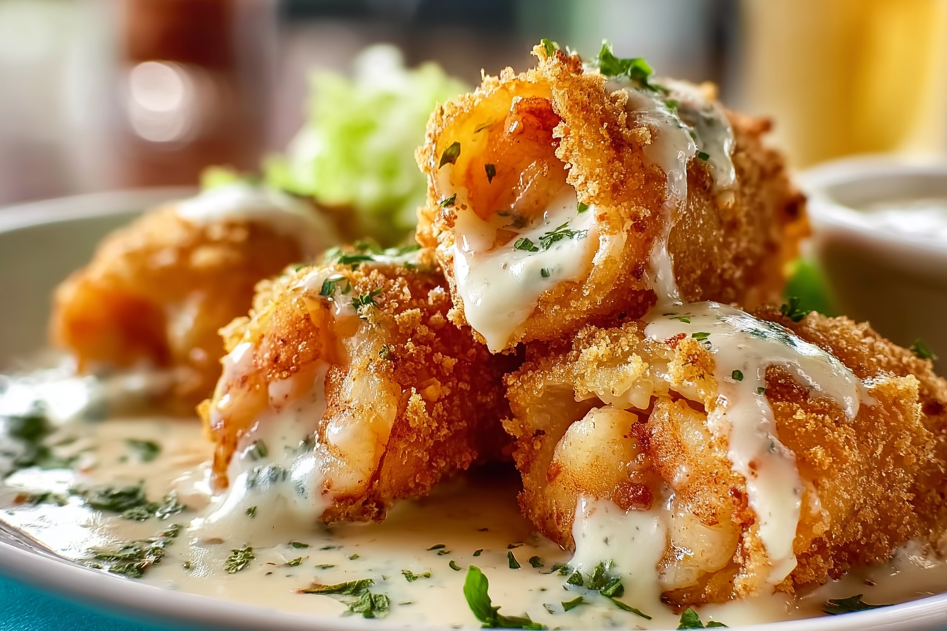 deep-fried shrimp Alfredo burrito bites stacked on board
