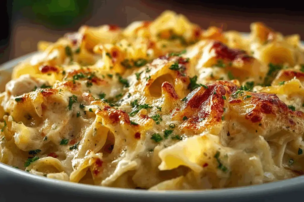 Old-Fashioned Chicken and Noodles Casserole fresh from the oven