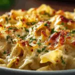 Old-Fashioned Chicken and Noodles Casserole fresh from the oven