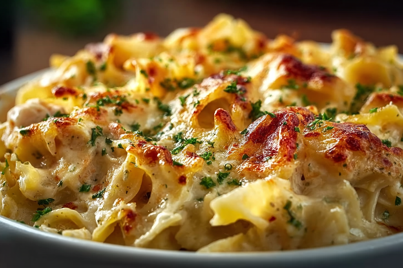 Old-Fashioned Chicken and Noodles Casserole fresh from the oven