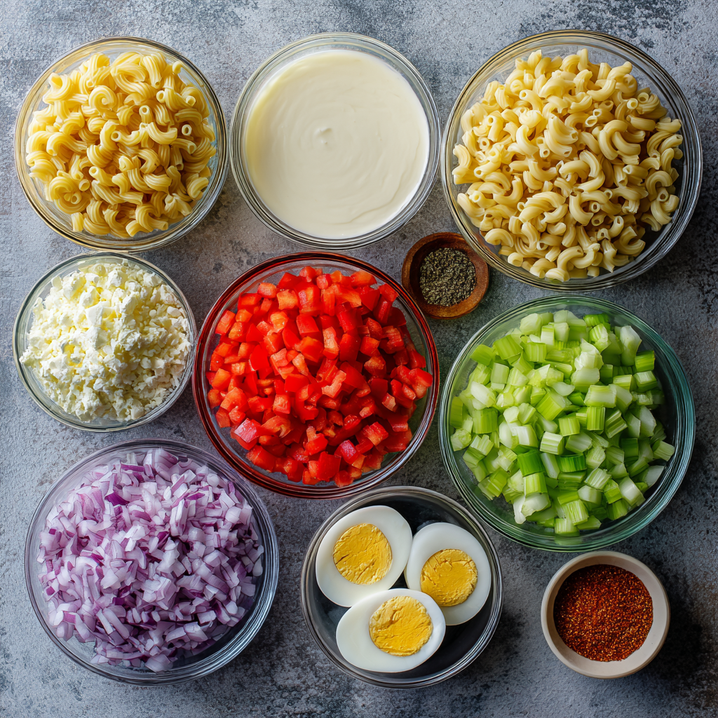 Easy macaroni salad recipe ingredients in a bowl, step-by-step preparation.
