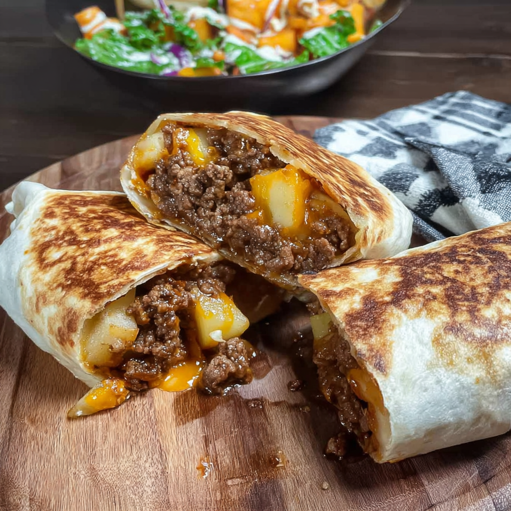 Frozen cheesy potato burritos with beef for meal prep