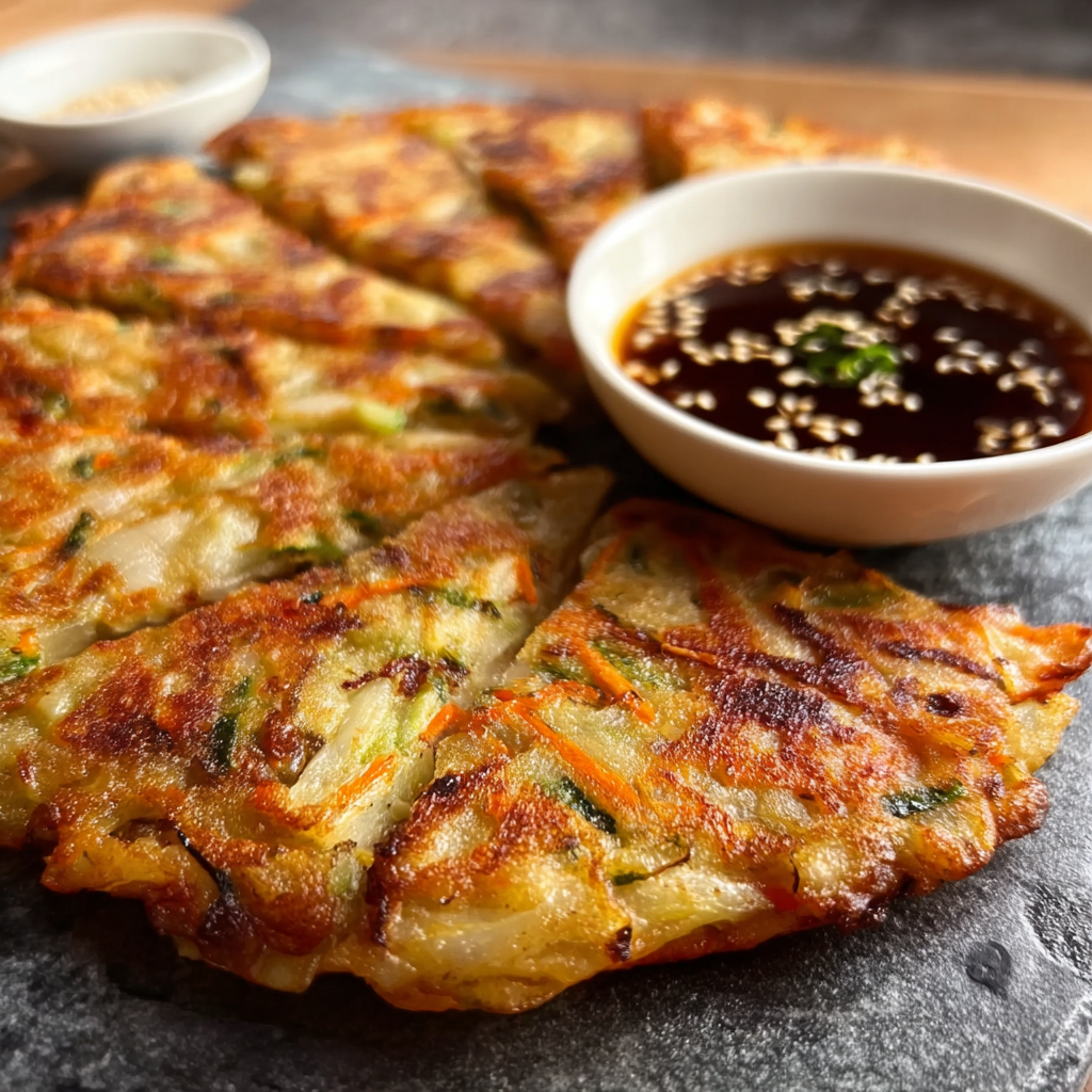 frying crispy Korean vegetable pancake in pan