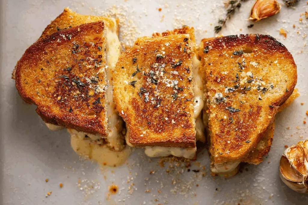 Garlic Bread Grilled Cheese cut in half with melty cheese pull