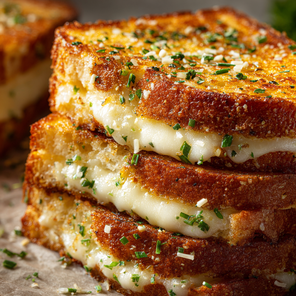 Garlic bread grilled cheese cooking in skillet