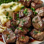 GARLIC BUTTER BEEF BITES WITH CREAMY MASHED POTATOES