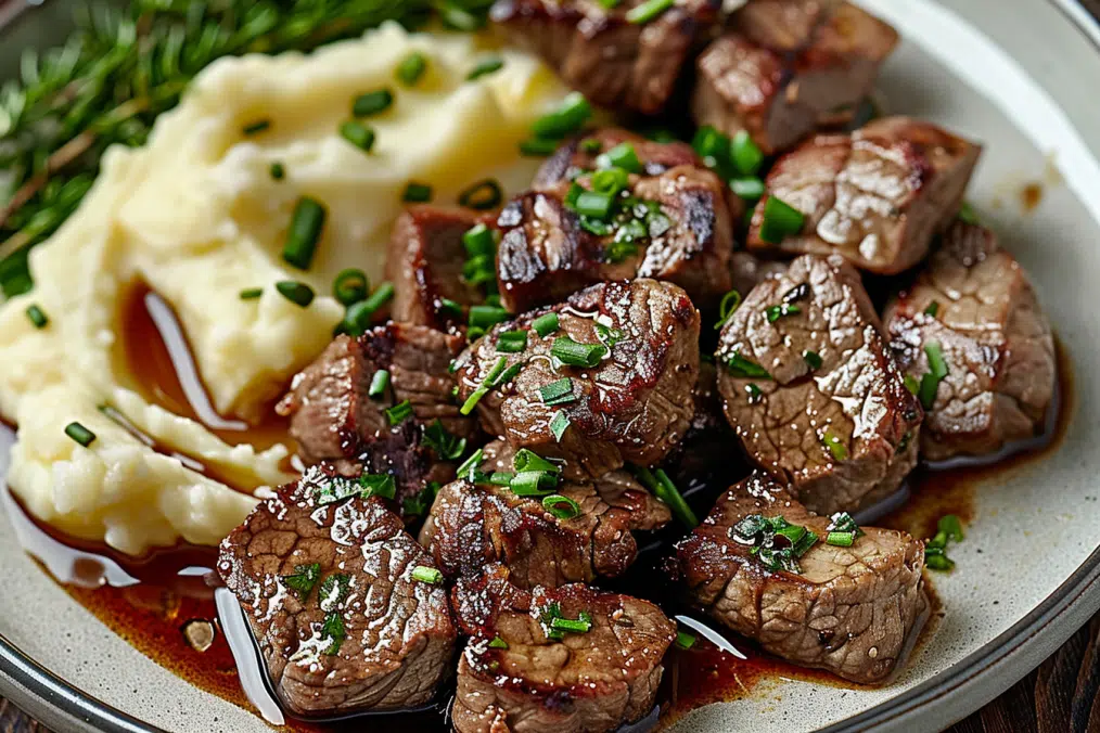 GARLIC BUTTER BEEF BITES WITH CREAMY MASHED POTATOES